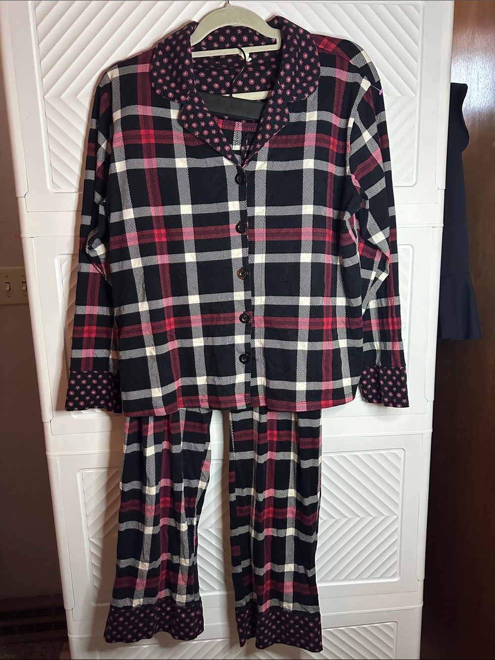 Vera Bradley Black, Pink and White Plaid Button-Front Pajama Set